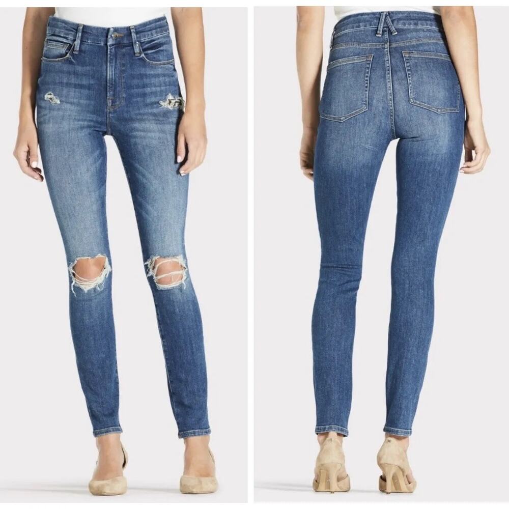 Good American Plus Distressed Good Waist‎ Slimming Skinny Leg Jeans Size 33